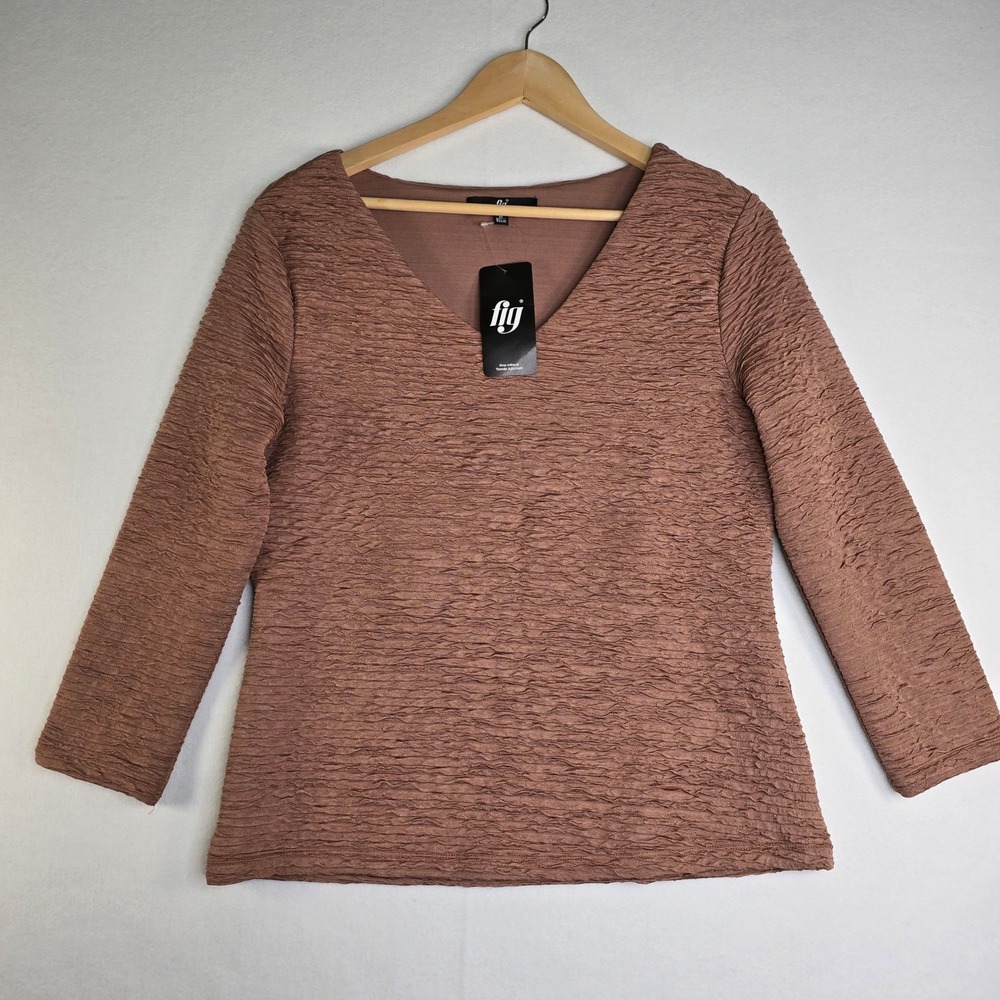 Fig Womens V-Neck Textured Crinkle Long Sleeve Top Mauve Brown Size M 92cm NWT